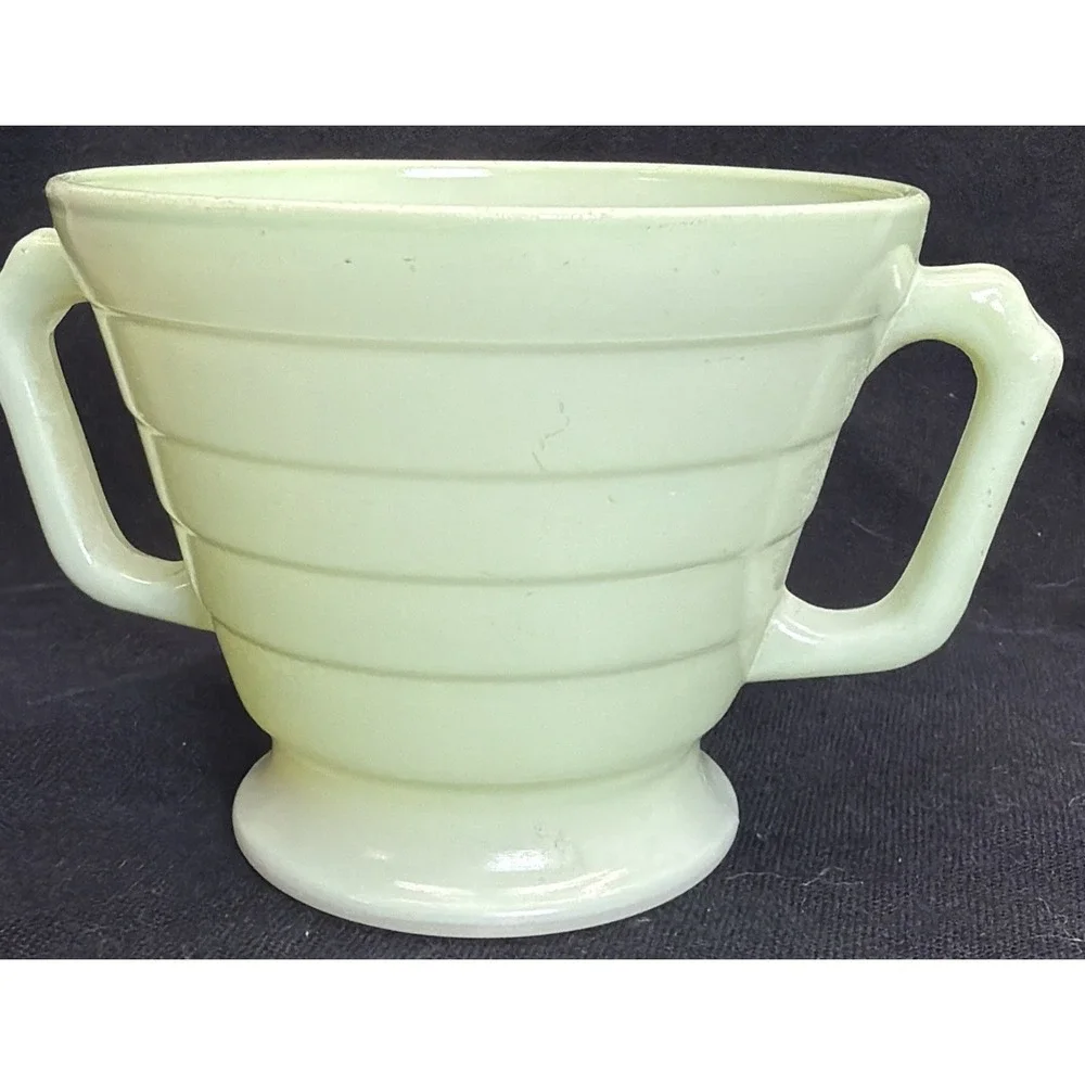 3 Hazel Atlas Moderntone Platonite Pastel green open sugar Bowl Dual Handle